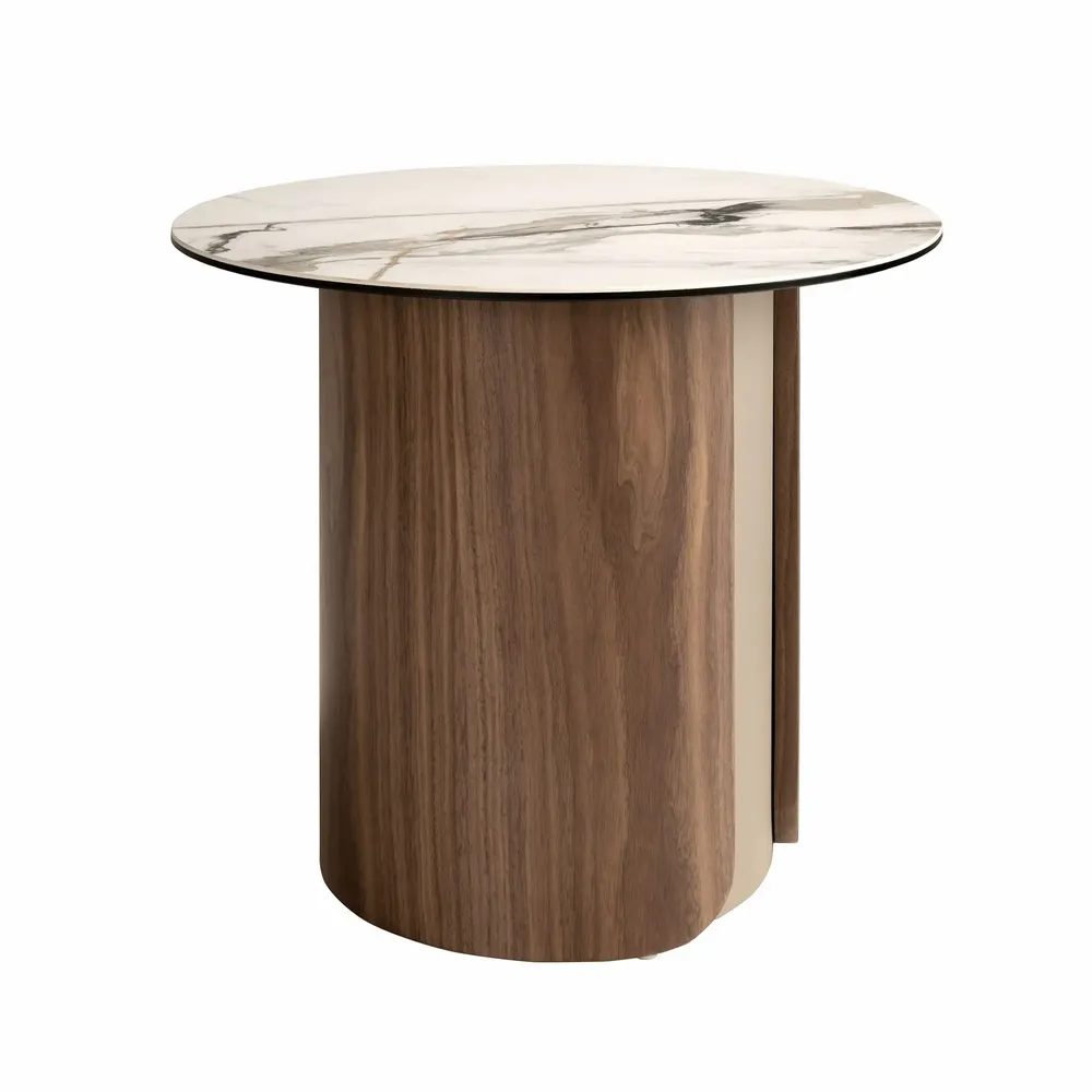 Autres tables  - Table d'appoint ronde en céramique, acier couleur sable et noyer. - ANGEL CERDÁ