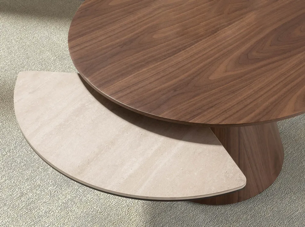 Coffee tables - Round extending coffee table in walnut and porcelain marble. - ANGEL CERDÁ