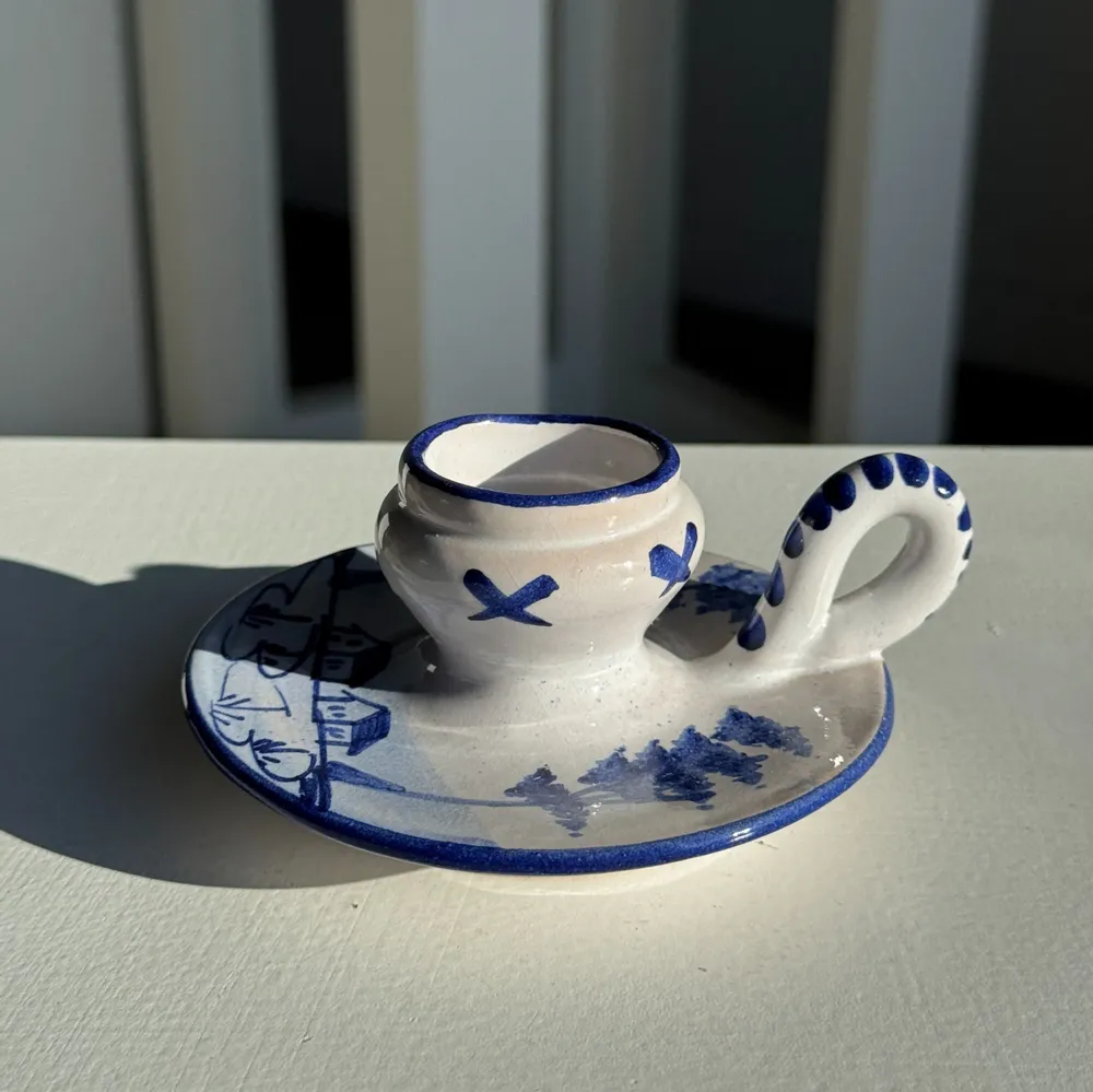 Objets de décoration - Bougeoir hollandais blanc et bleu à motif de moulin H5 D10 - OFFICE OBJETS