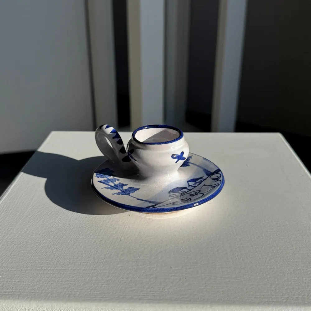 Objets de décoration - Bougeoir hollandais blanc et bleu à motif de moulin H5 D10 - OFFICE OBJETS