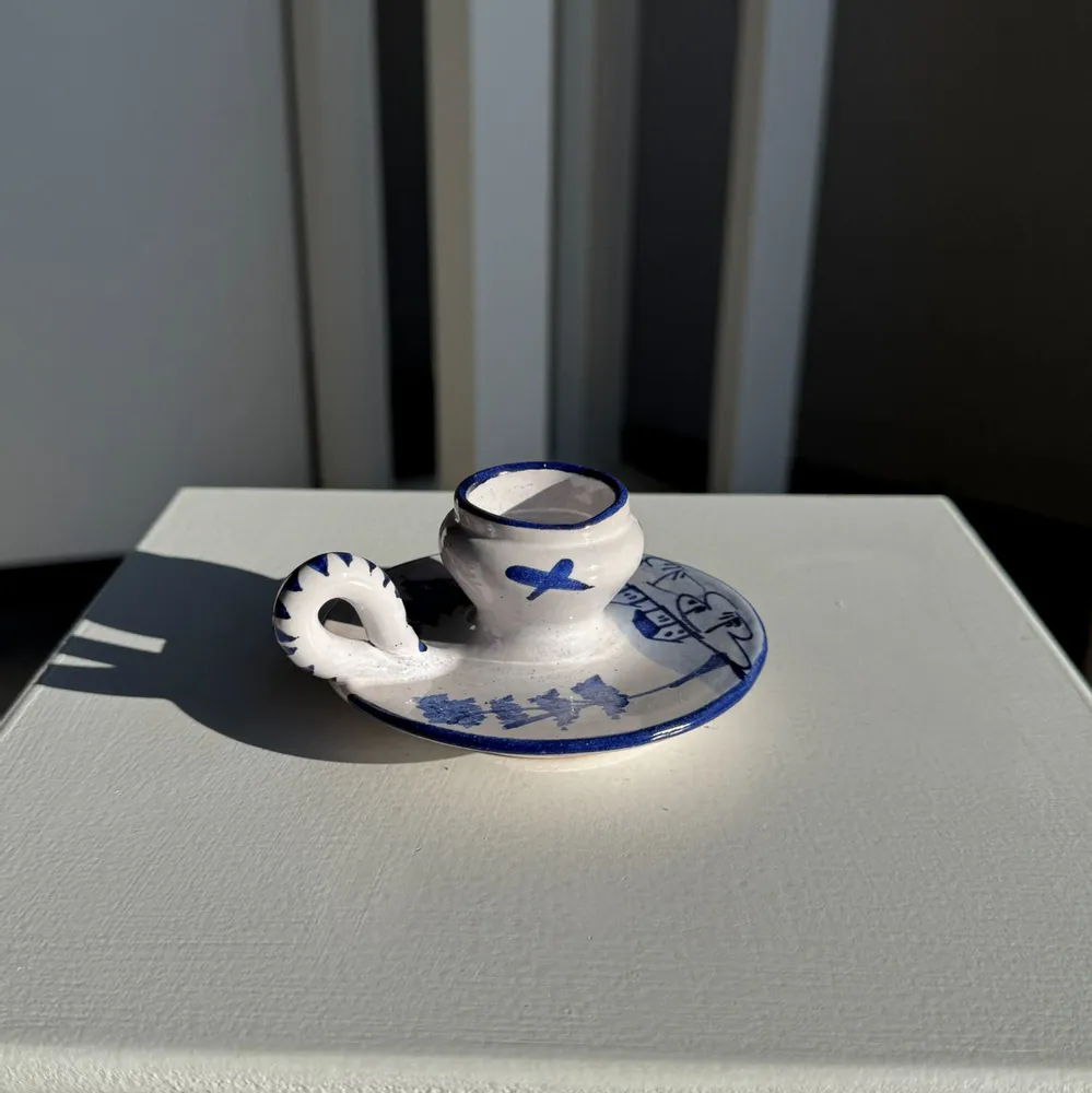 Objets de décoration - Bougeoir hollandais blanc et bleu à motif de moulin H5 D10 - OFFICE OBJETS