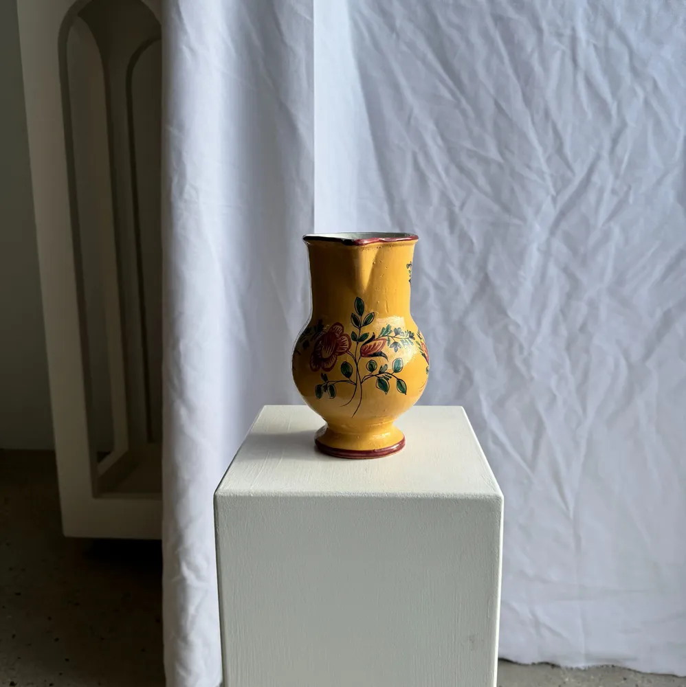Carafes - Large handmade antique ochre yellow carafe with pink flower pattern - OFFICE OBJETS