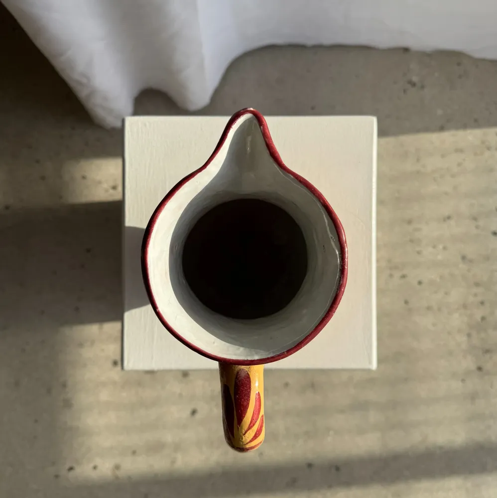 Carafes - Large handmade antique ochre yellow carafe with pink flower pattern - OFFICE OBJETS