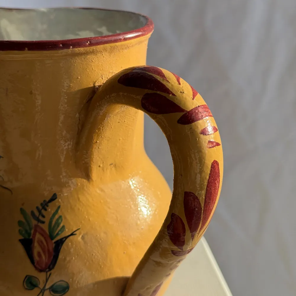 Carafes - Large handmade antique ochre yellow carafe with pink flower pattern - OFFICE OBJETS