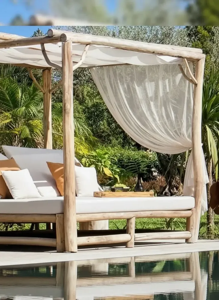 Deck chairs - Bed double OUTDOOR rondin de teck - EMPREINTE DU TEMPS