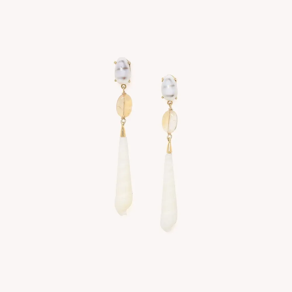 Bijoux - Boucles d'oreilles poussoir citrine et Terebra punctatostriata - Alona - NATURE BIJOUX