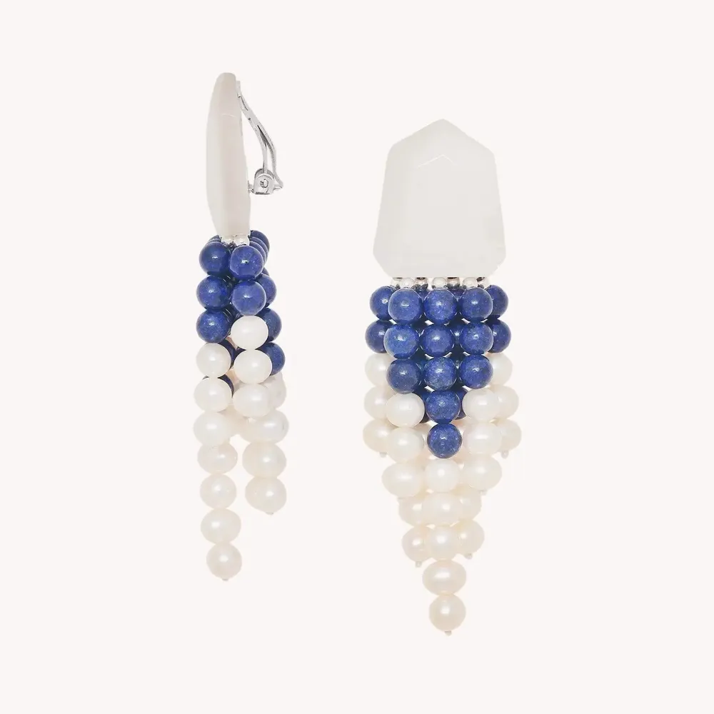 Bijoux - Boucles d'oreilles clips 7 rangs perles et Lapis - Pacifique - NATURE BIJOUX