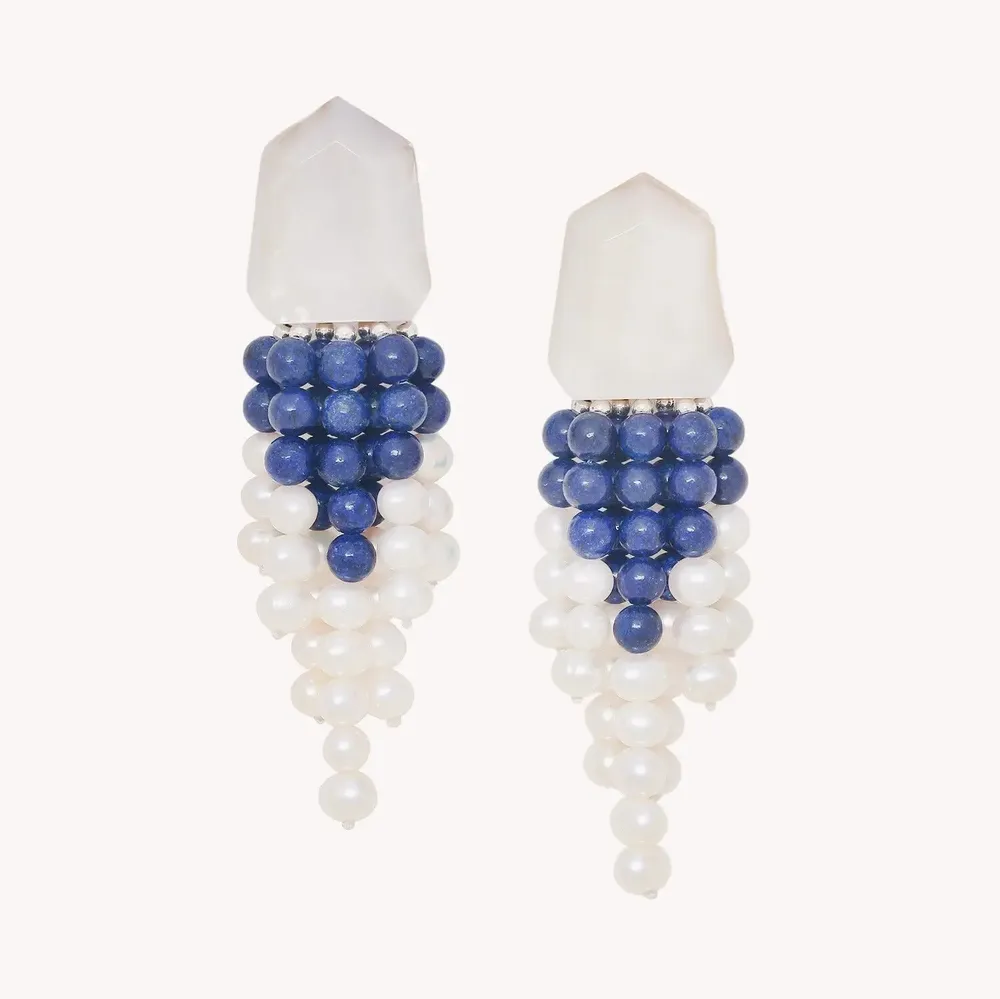 Bijoux - Boucles d'oreilles poussoir 7 rangs perles et Lapis - Pacifique - NATURE BIJOUX