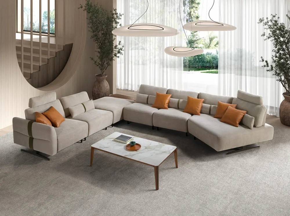Sofas - Right-hand modular chaise longue sofa in sand fabric - ANGEL CERDÁ