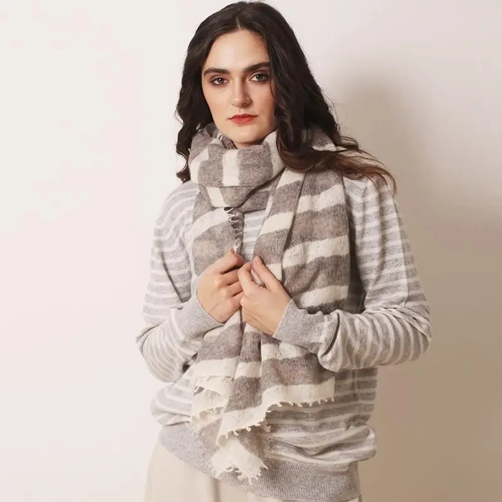 Scarves - Ivory and Grey Striped Hand Knitted & Felted Scarf - PASHMA