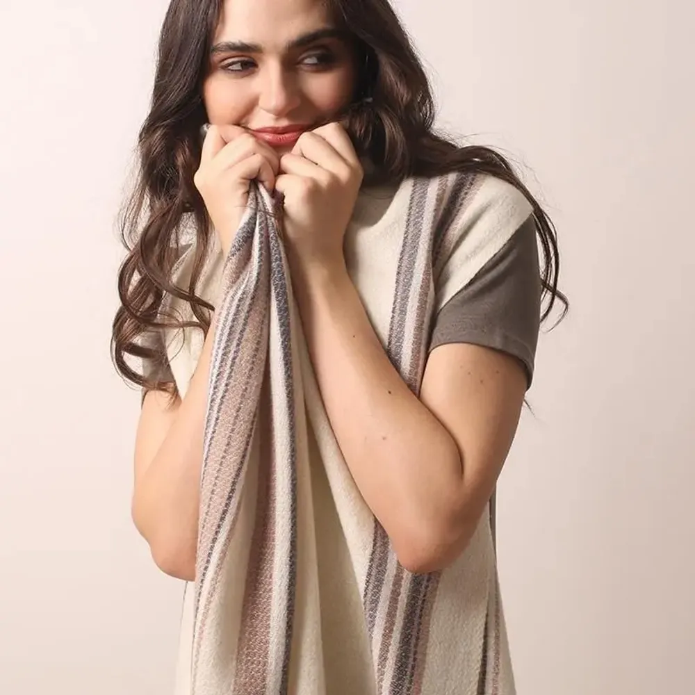 Scarves - Ivory Striped Cashmere Scarf - PASHMA