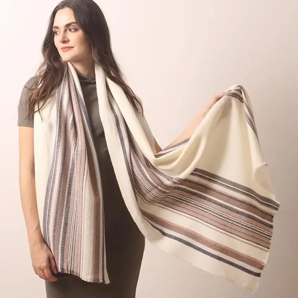 Scarves - Ivory Striped Cashmere Scarf - PASHMA