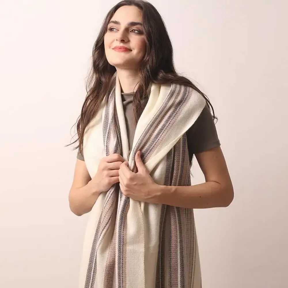 Scarves - Ivory Striped Cashmere Scarf - PASHMA