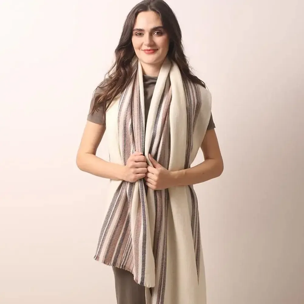 Scarves - Ivory Striped Cashmere Scarf - PASHMA