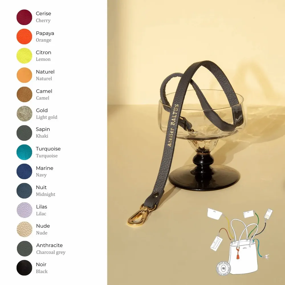 Petite maroquinerie - Lien double mousqueton en cuir de vachette pleine fleur - 47 x 0,8 cm - ATELIER BALTUS