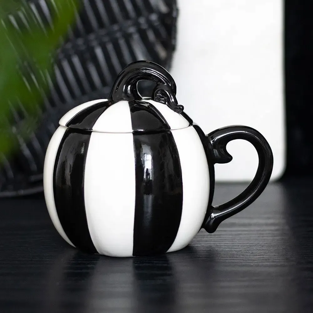 Mugs - Black and White Striped Pumpkin Lidded Mug - SOMETHING DIFFERENT WHOLESALE