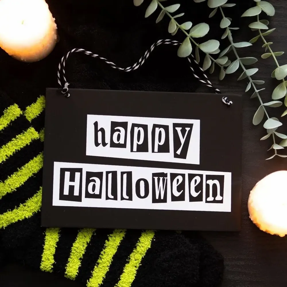 Panels - Black and White Happy Halloween Hanging Sign - SOMETHING DIFFERENT WHOLESALE