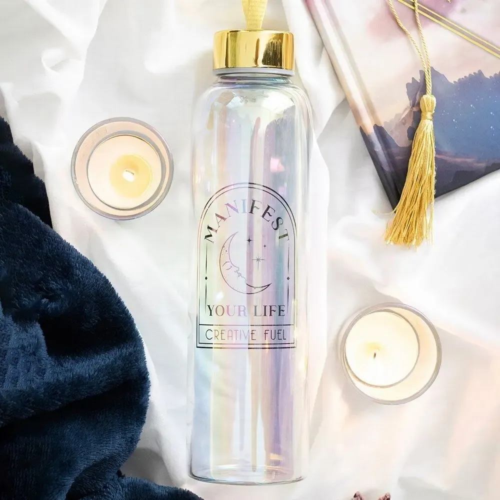 Glass - Manifest Your Life Iridescent Glass Water Bottle - SOMETHING DIFFERENT WHOLESALE