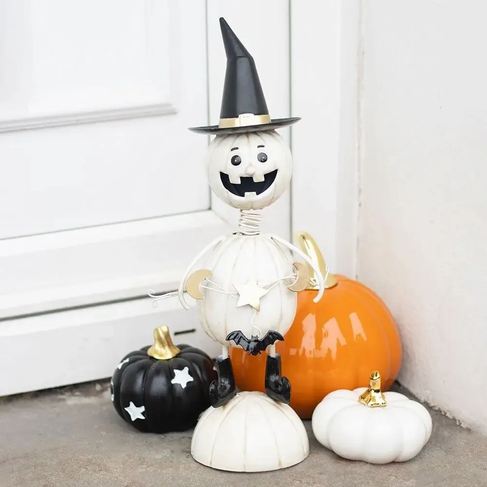 Ornaments - White Metal Pumpkin Man Ornament with Witch Hat - SOMETHING DIFFERENT WHOLESALE