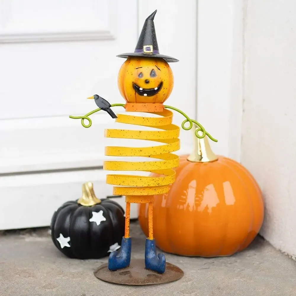 Ornaments - Orange Metal Pumpkin Man Ornament with Spring Body - SOMETHING DIFFERENT WHOLESALE
