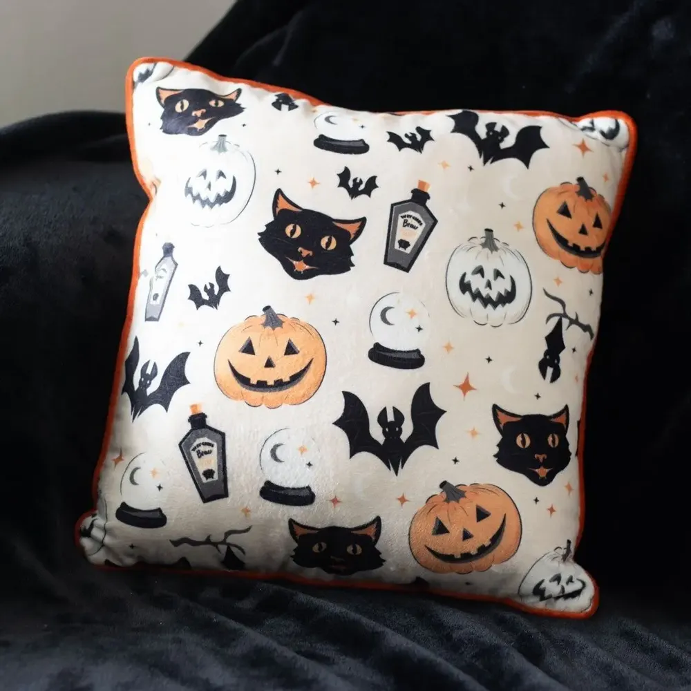 Cushions - 35cm Square Spooky Cat and Pumpkin Print Cushion - SOMETHING DIFFERENT WHOLESALE