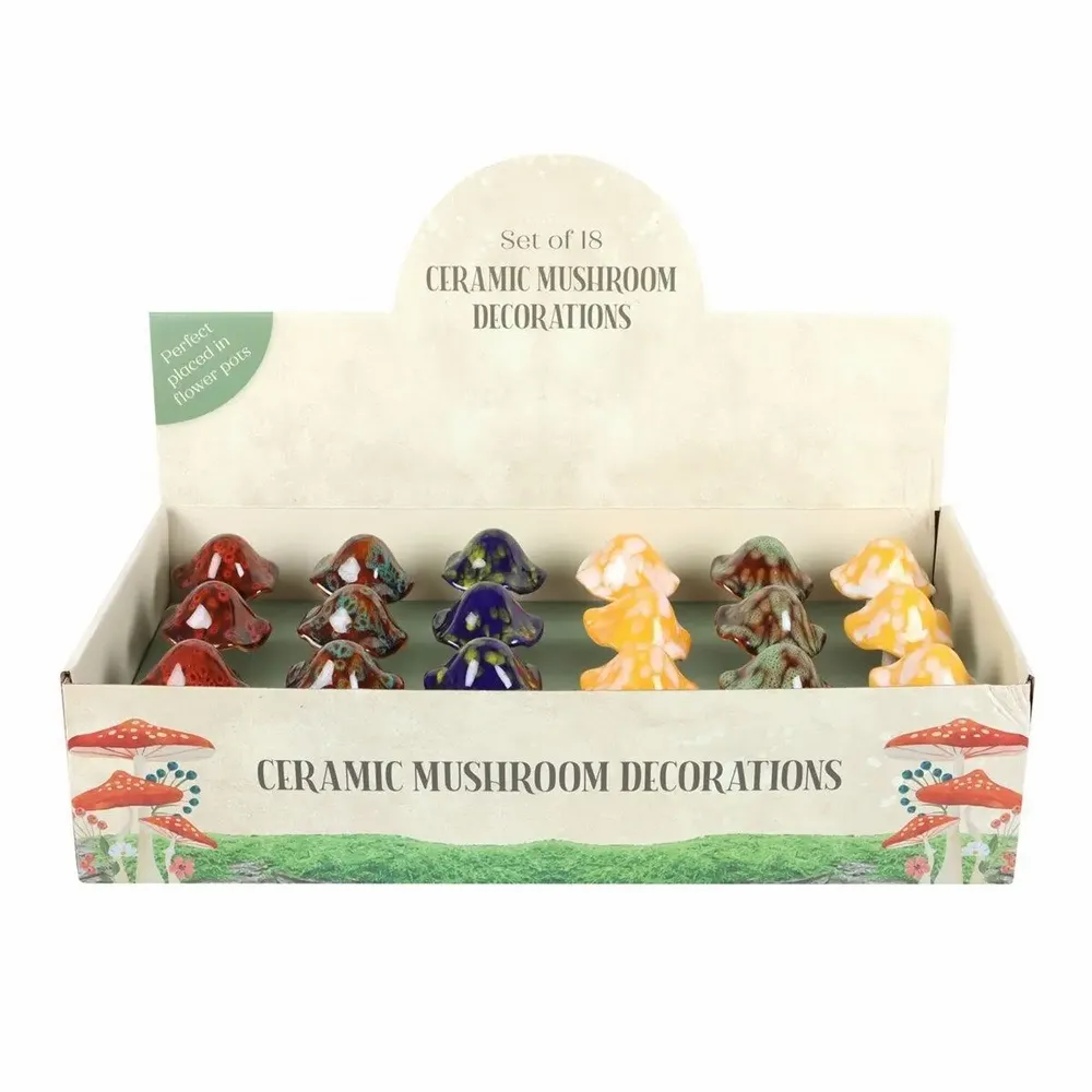 Accessoires de jardinage - Ensemble de 18 pots de fleurs décoratifs en céramique en forme de champignons, présentés dans un présentoir - SOMETHING DIFFERENT WHOLESALE