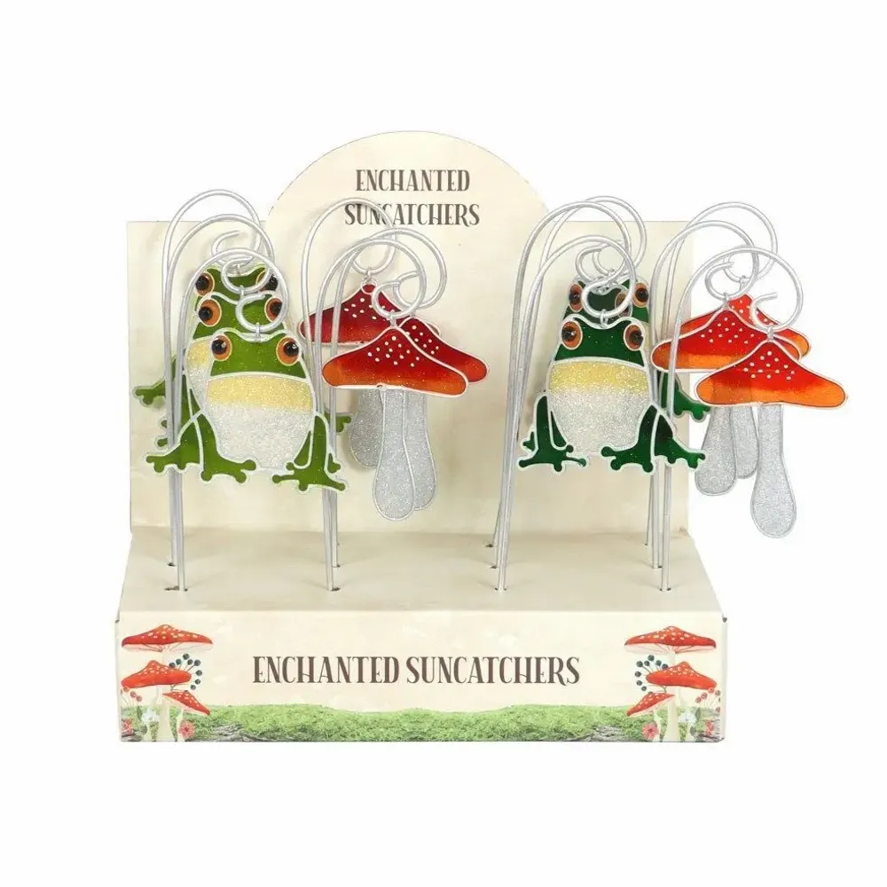 Objets de décoration - Ensemble de 12 piquets attrape-soleil grenouille et champignon sous présentoir - SOMETHING DIFFERENT WHOLESALE