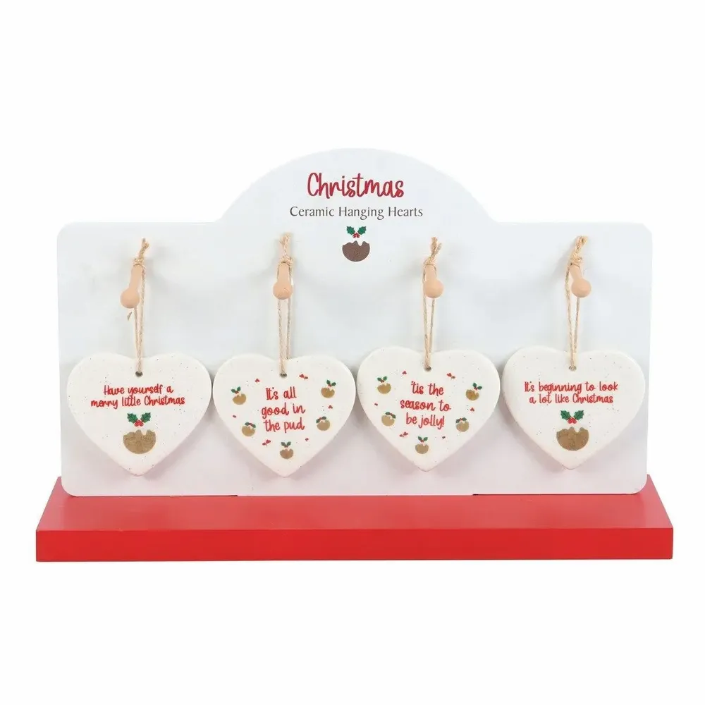 Panels - Set of 24 Christmas Pudding Ceramic Hearts on Display - SOMETHING DIFFERENT WHOLESALE
