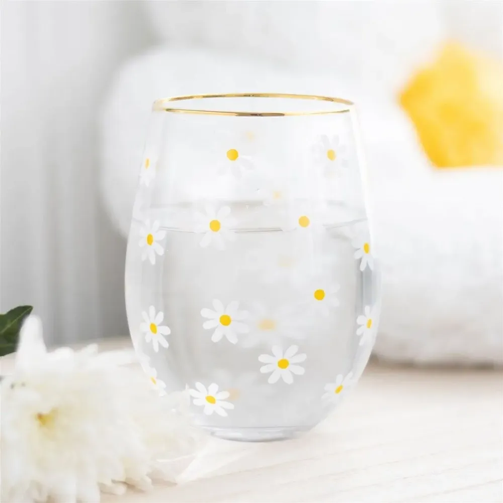 Glass - All Over Daisy Print Stemless Wine Glass - SOMETHING DIFFERENT WHOLESALE