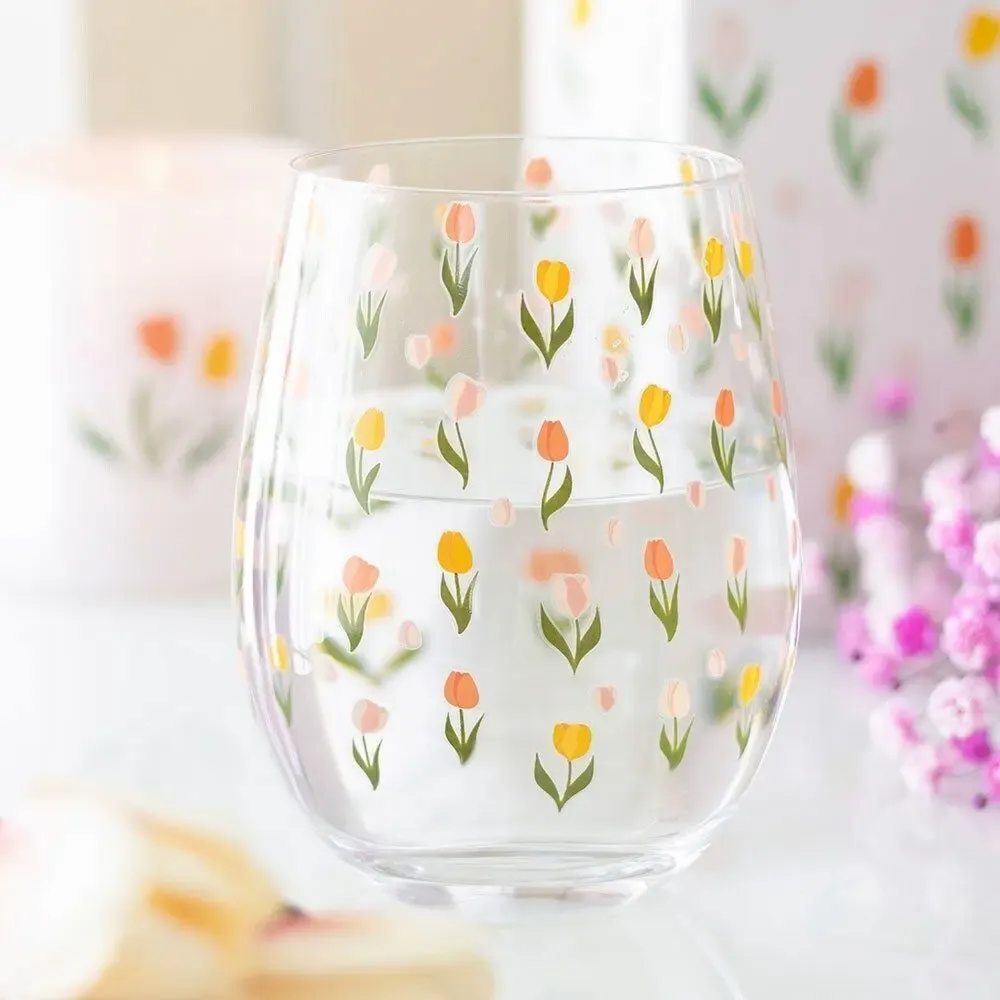Glass - Tulip Print Stemless Glass - SOMETHING DIFFERENT WHOLESALE