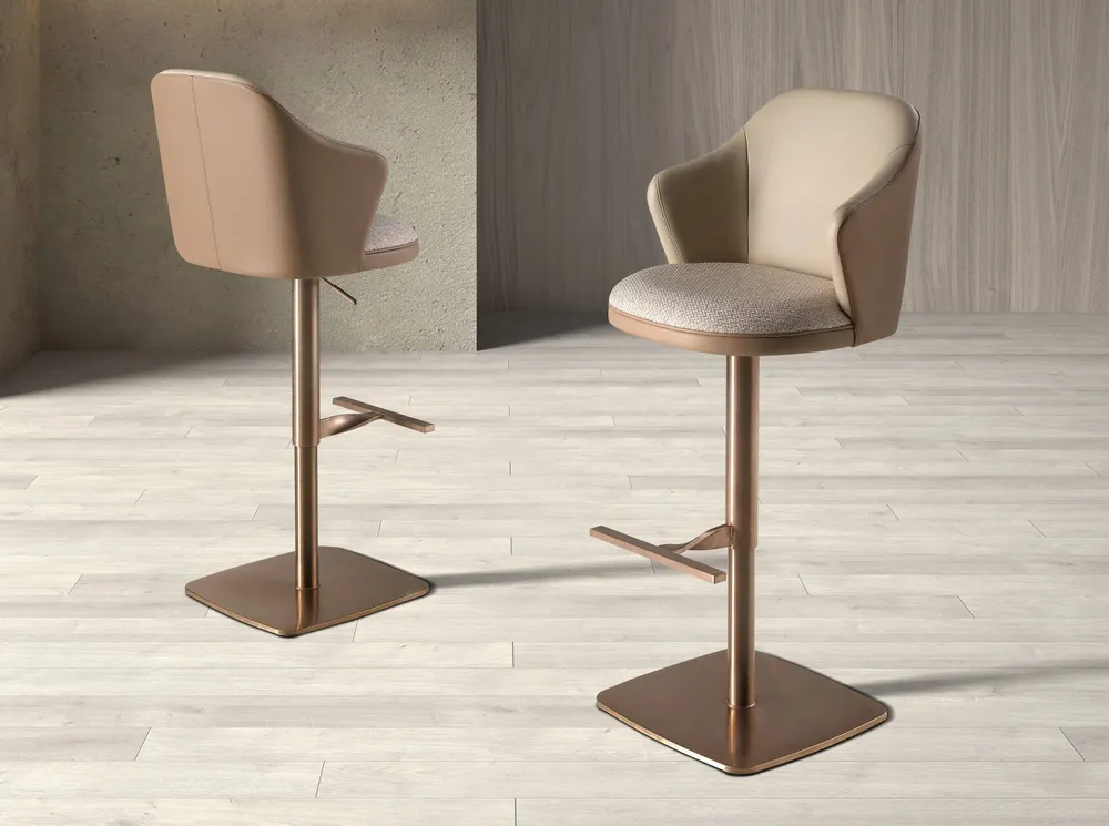 Stools - Swivel stool in cream marbled fabric and brown leatherette - ANGEL CERDÁ