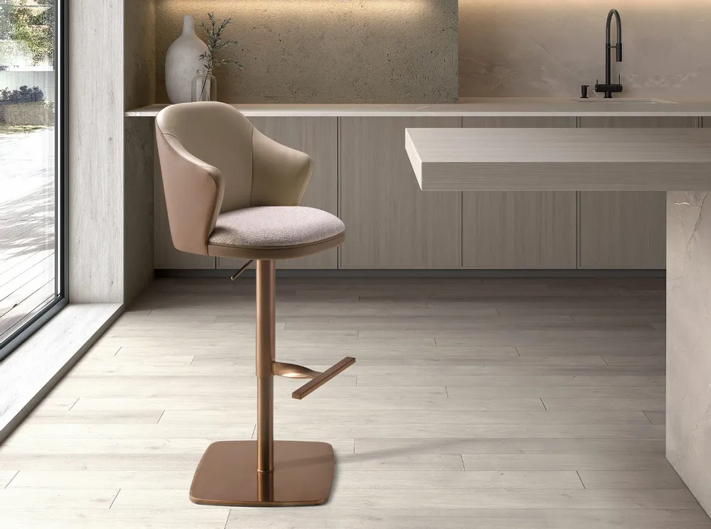 Stools - Swivel stool in cream marbled fabric and brown leatherette - ANGEL CERDÁ