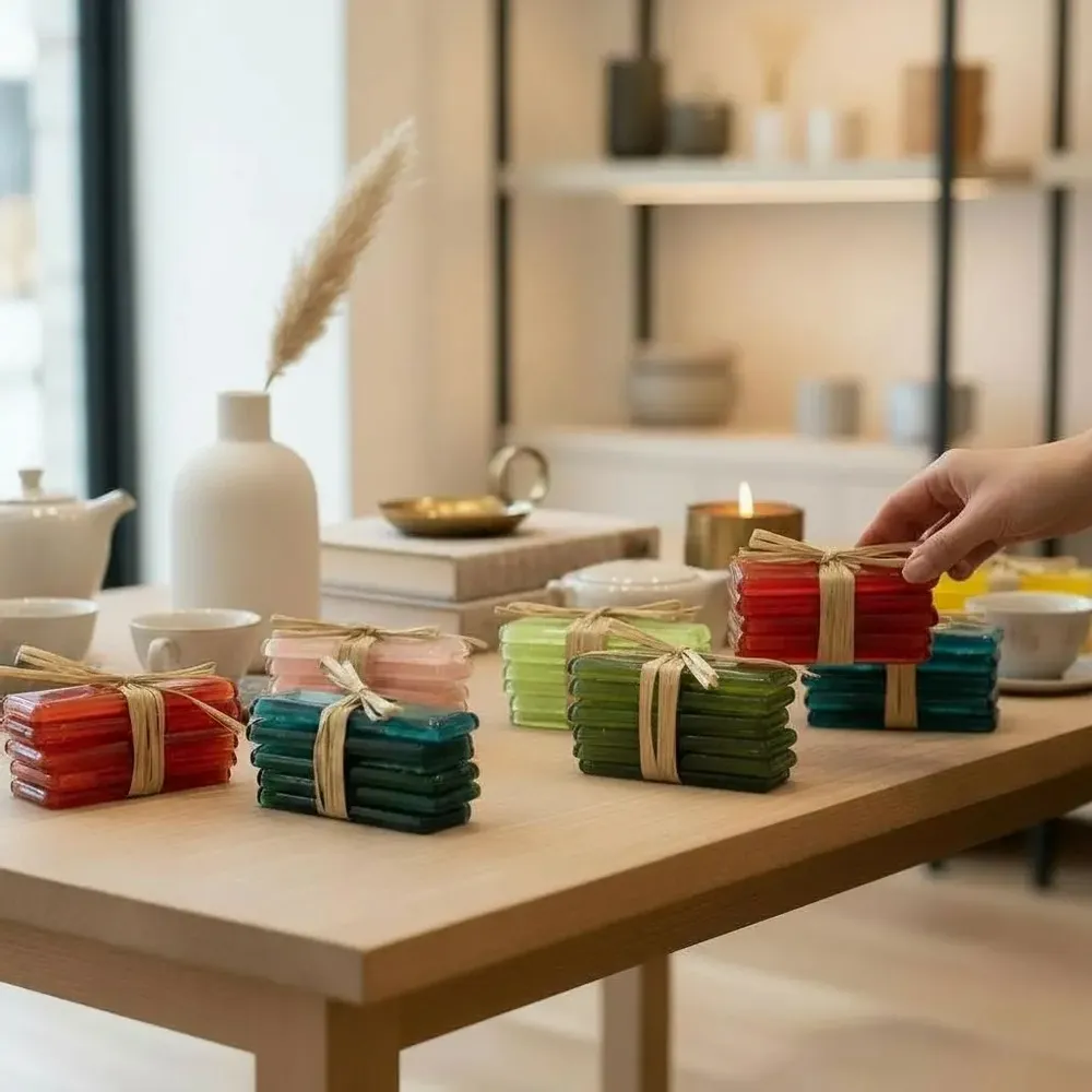 Knives - Designer table knife holder, colored glass knife rest - ROSE CORAIL DECO