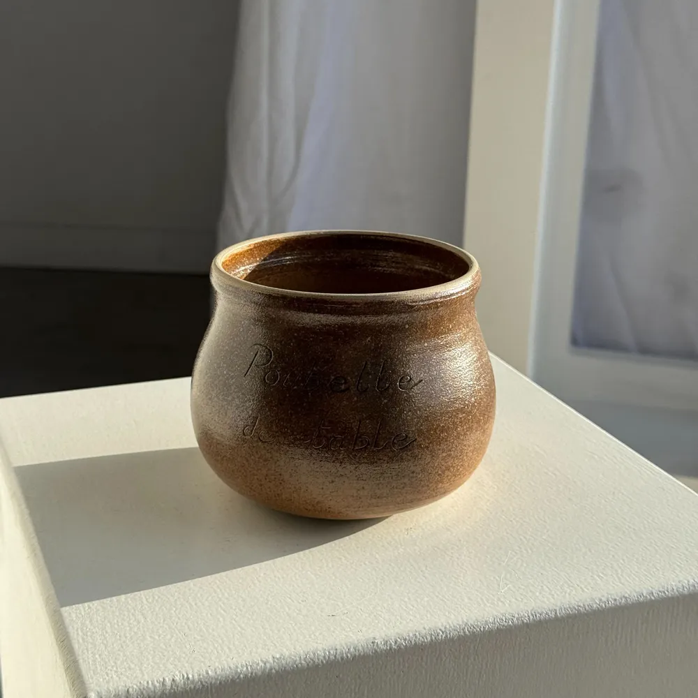 Garbage cans - Small pot, vintage speckled brown stoneware table trash can H11 D13.5 - OFFICE OBJETS