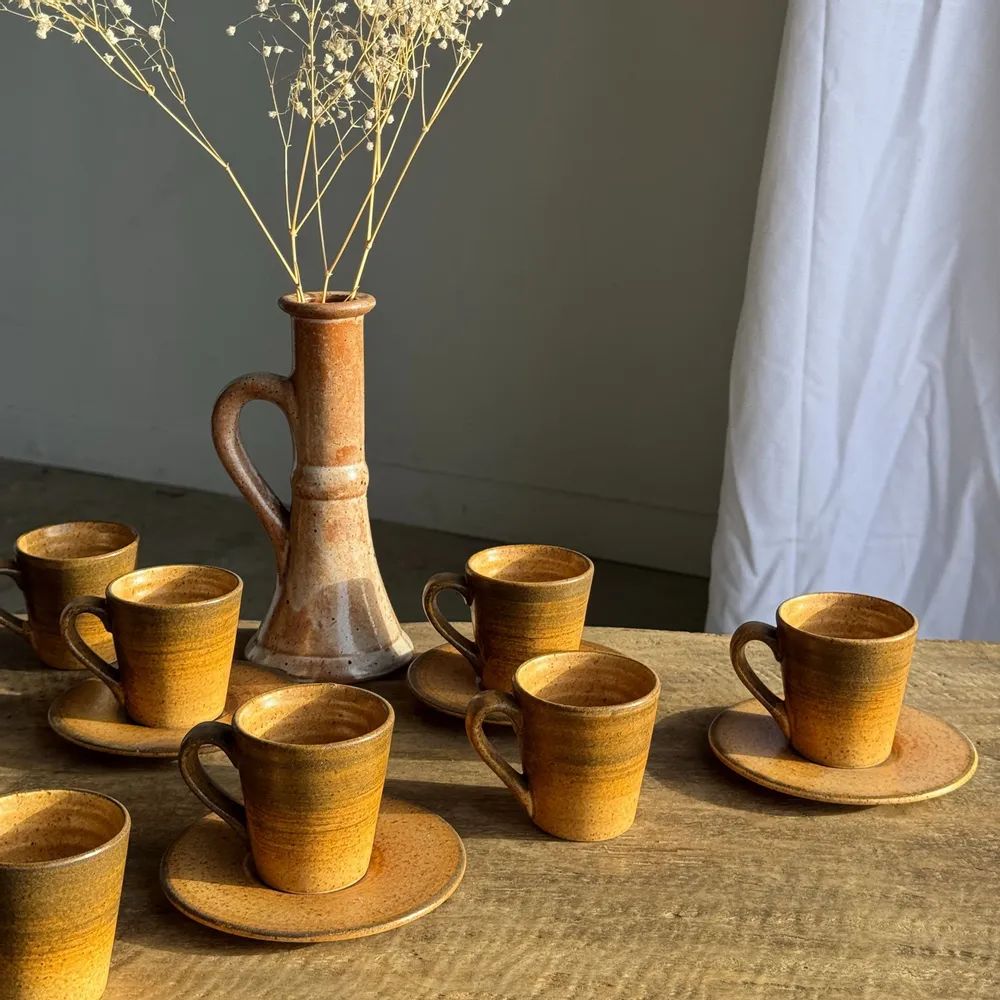 Mugs - Set of 10 cups and 7 saucers ochre stoneware H7 - OFFICE OBJETS