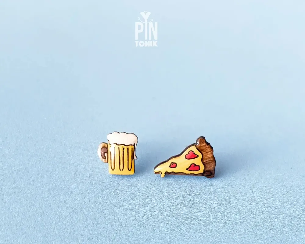 Bijoux - Boucles d’Oreilles Clous Dépareillées Pizza & Bière - PINTONIK