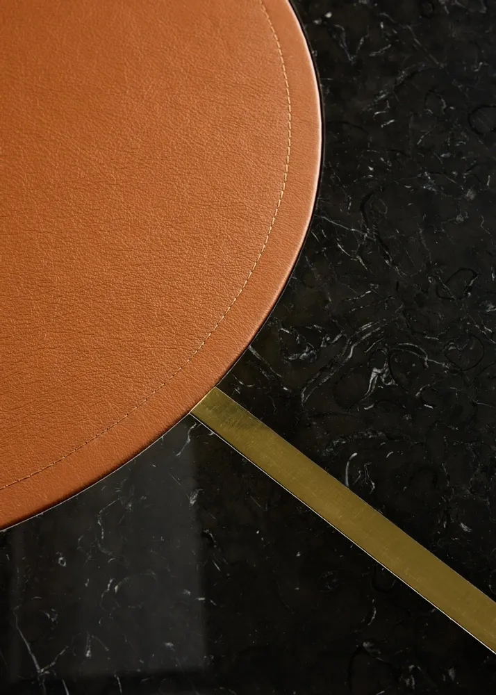 Dining Tables - The Shelby Table Wood + Marble + Brass + Leather - ARBORE BY CAREL WOODWORKS