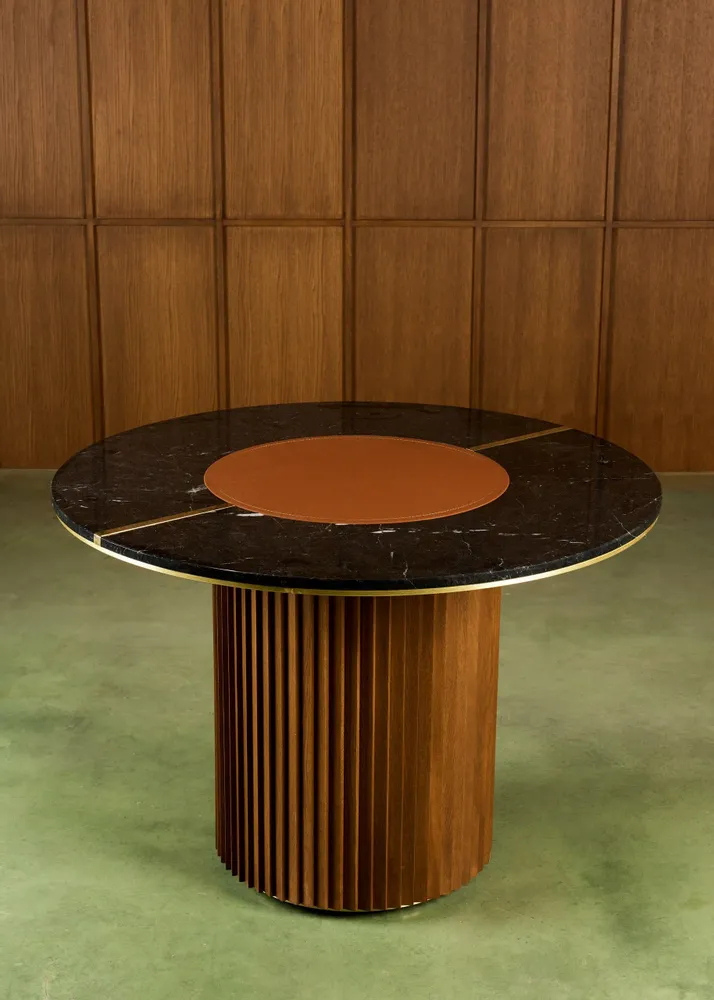 Dining Tables - The Shelby Table Wood + Marble + Brass + Leather - ARBORE BY CAREL WOODWORKS