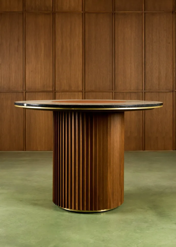 Dining Tables - The Shelby Table Wood + Marble + Brass + Leather - ARBORE BY CAREL WOODWORKS