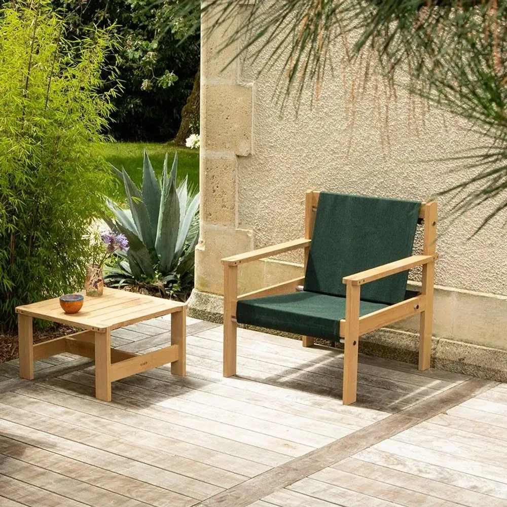 Lawn armchairs - EZEN Natural Robinia Armchair, Green Canvas - EZEÏS