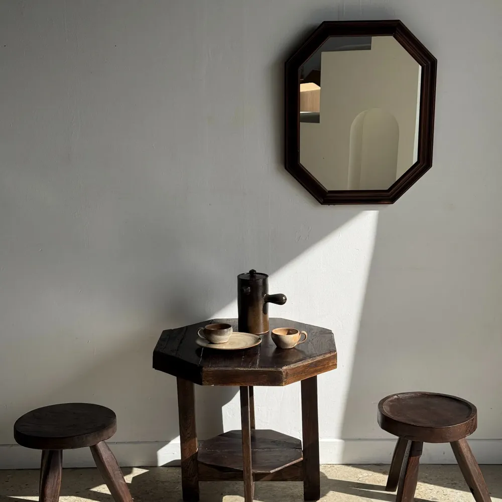 Mirrors - 58x48 vintage brown wood octagonal mirror - OFFICE OBJETS
