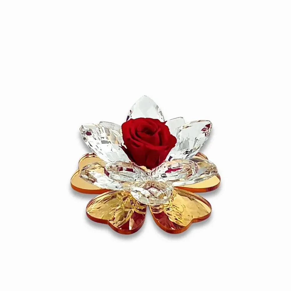 Gifts - iris - Crystal flowers and a preserved rose with a gold plexiglass base - DEBORACARLUCCI