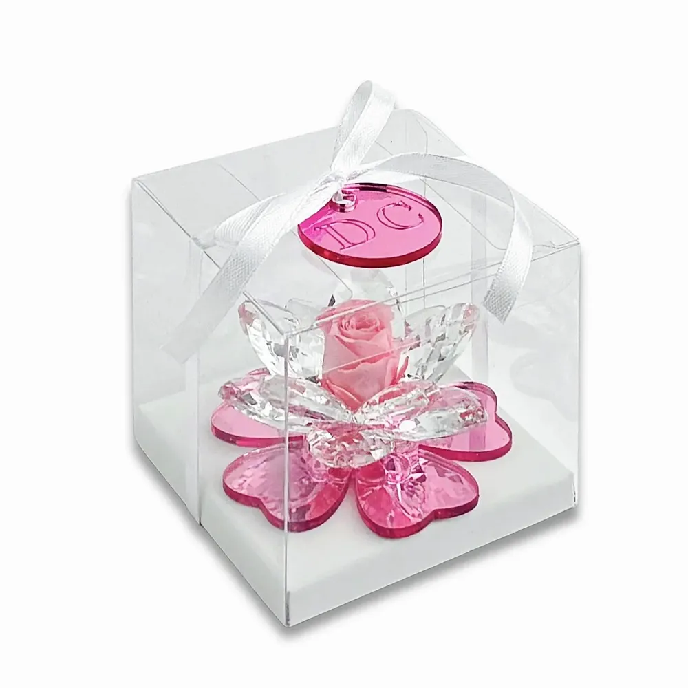 Gifts - iris -Crystal flowers and a preserved rose with a pink plexiglass base - DEBORACARLUCCI