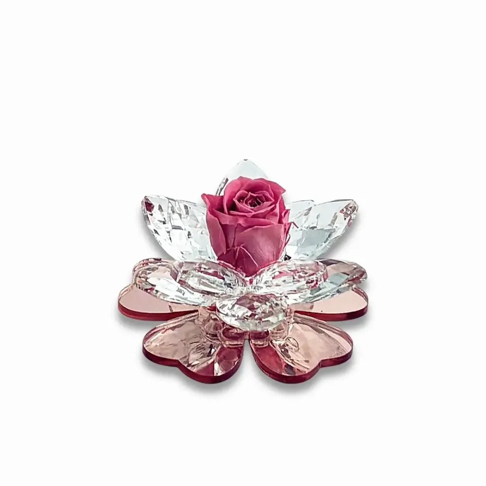 Cadeaux - Iris - Fleurs en cristal et rose stabilisée et base en plexi rosa - doré - DEBORACARLUCCI