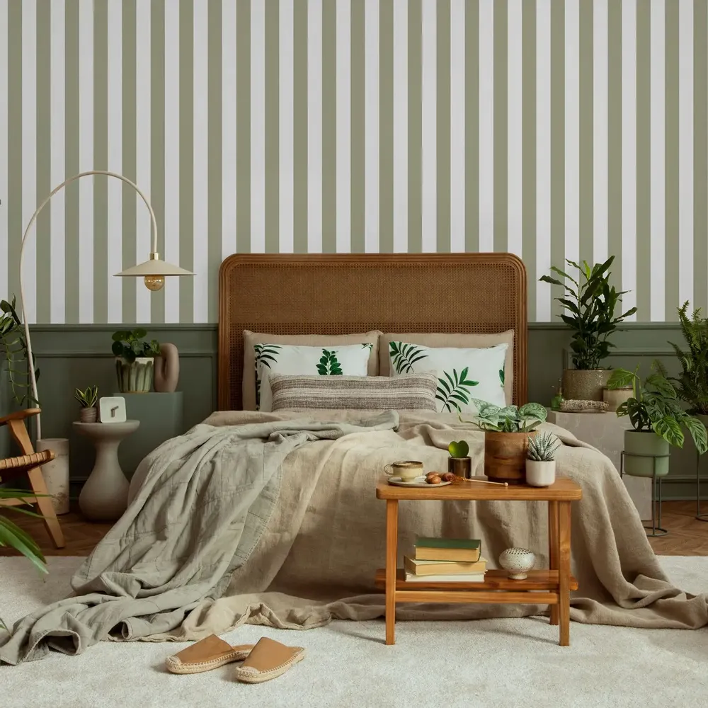 Tapestries - Panoramic wallpaper Harmony Stripes sage - LE PAPIERS DE NINON