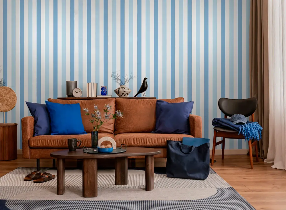 Tapestries - Alternating Blue Stripes Panoramic Wallpaper - LE PAPIERS DE NINON