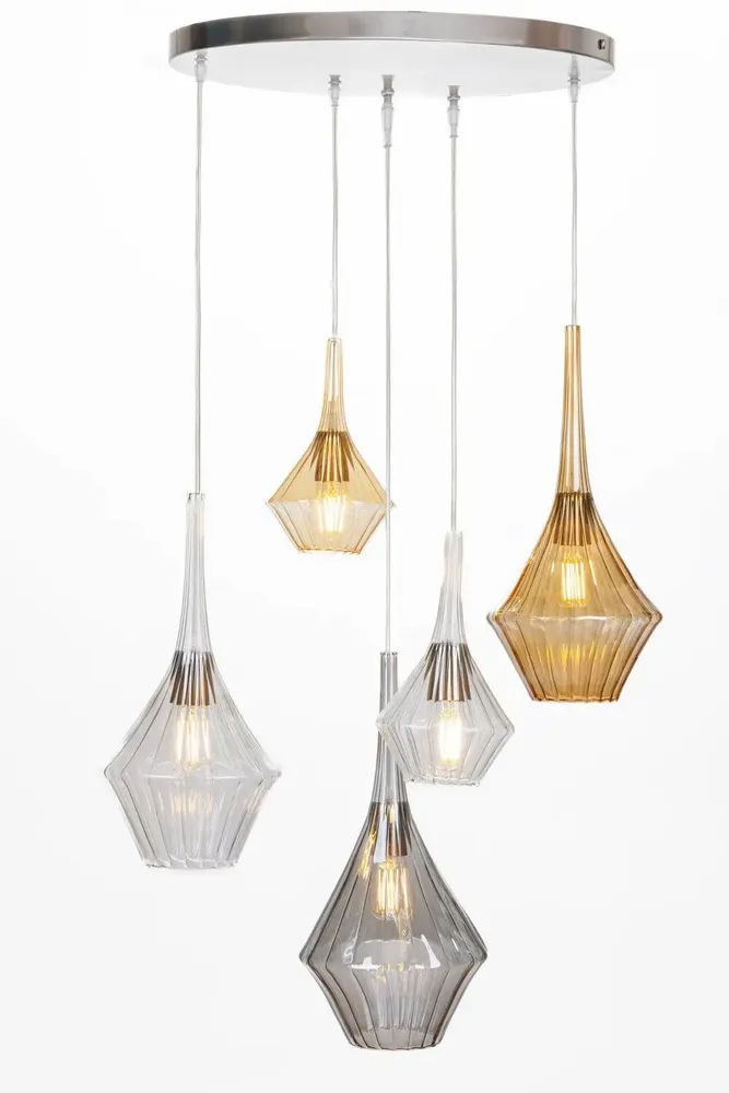 Gifts - Pendant light with 5 asymmetrical ribbed Pyrex glass shades - DEBORACARLUCCI