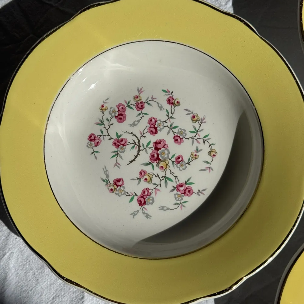Formal plates - Set of 9 large vintage soup plates yellow pink flowers - OFFICE OBJETS