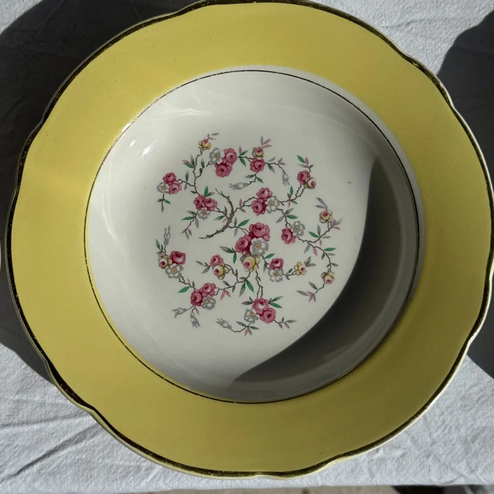 Formal plates - Set of 9 large vintage soup plates yellow pink flowers - OFFICE OBJETS