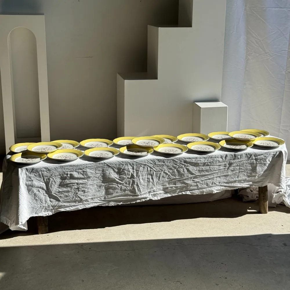 Formal plates - Set of 19 large vintage yellow dinner plates with pink flowers and bor - OFFICE OBJETS